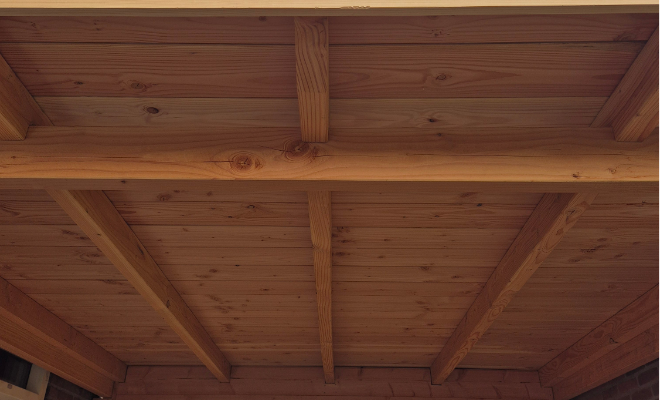 de details van het dak van de Douglas hout overkapping