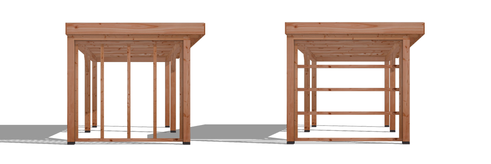 Constructie van regelwerk voor wandbekleding van Douglas overkapping; verschil tussen verticale regels voor Zweeds Rabat en horizontale voor Rhombus planken.