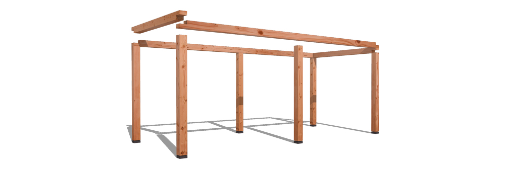 Plaatsing van Douglas ringbalken op staanders met tellerkopschroeven voor het frame van een 300x600cm overkapping