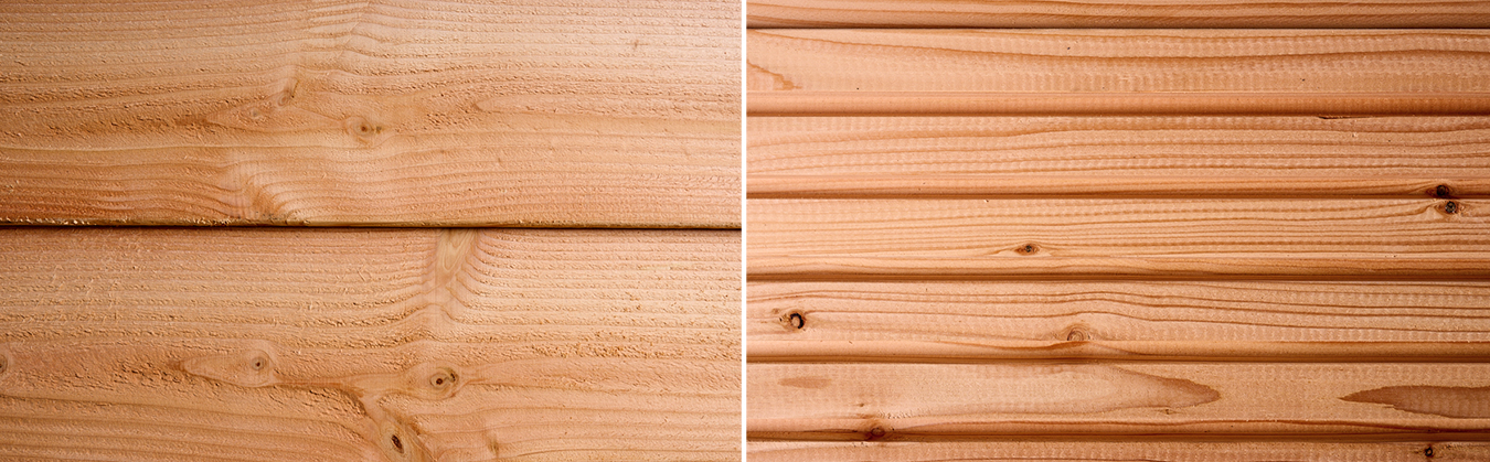 Detail van Douglas wandbekleding: links Zweeds rabat met overlappende planken, rechts een rhombus plank – voorbeeld van afwerkingsopties voor Douglas overkapping.
